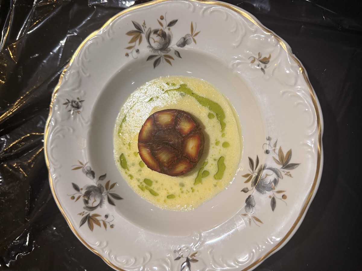 Charred artichoke on herb cream — fine dining plating